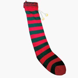 MerryChristmas Stocking Red Green Stripes Knit Long 25 inch